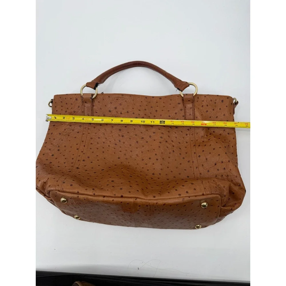 GILI Ostrich Embossed Leather Satchel Handbag Cognac Brown Gold Tone Hardware